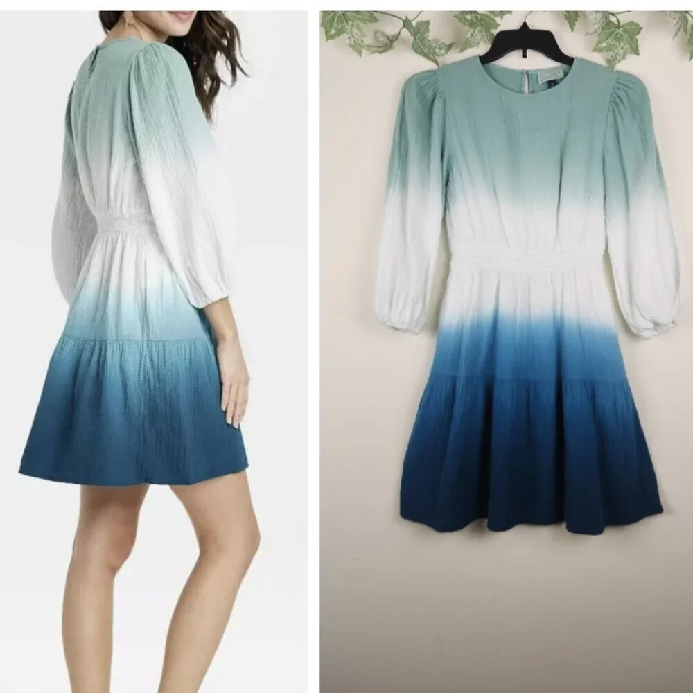 Universal Thread Size XS Cotton Gauze Ombre Elastic waist Dress with Pockets - Picture 1 of 9